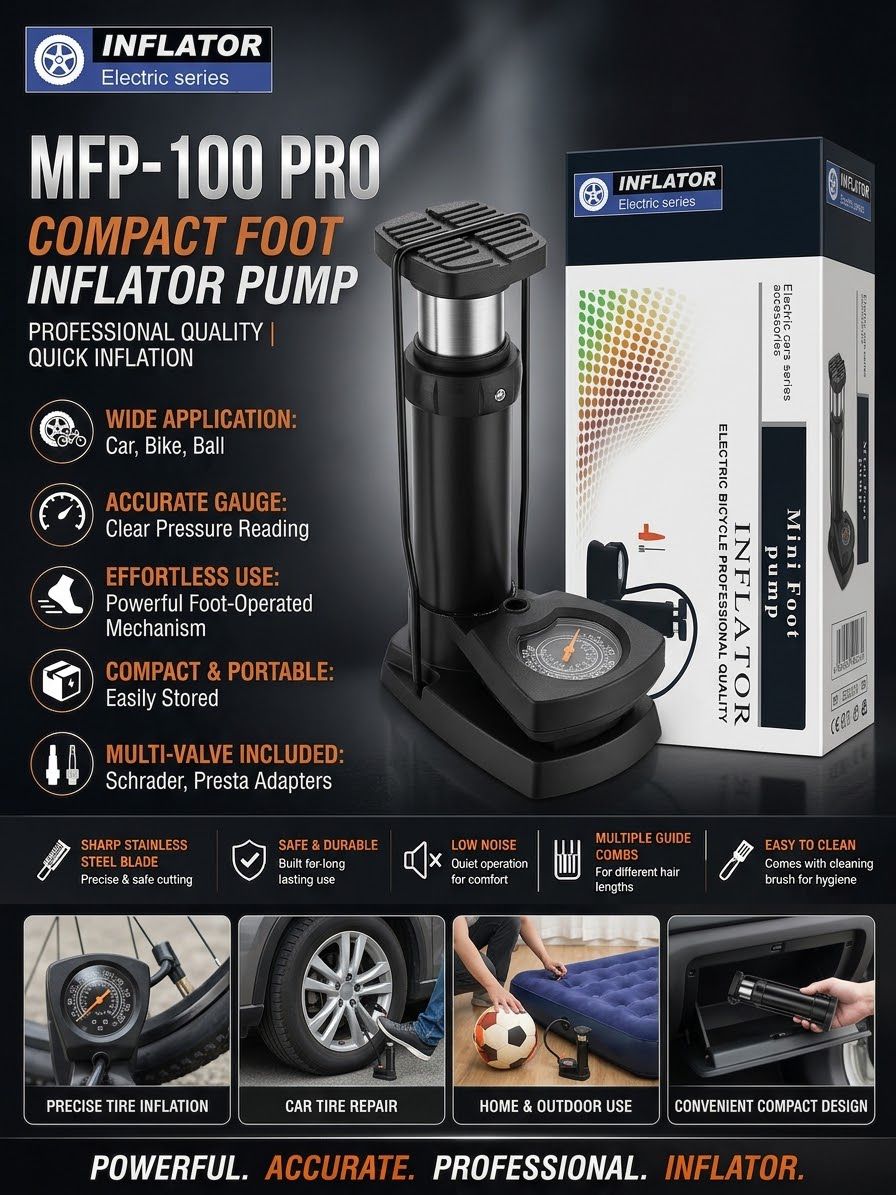 MFP-100 PRO Compact Foot Inflator Pump With Pressure Gauge And Multi-Valve Adapters For Cars,
