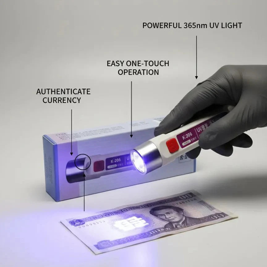 K-207 365nm UV Currency Checker Rechargeable Light Portable Lightweight UV Torch For Banknote Security Stain And Security Mark Inspection