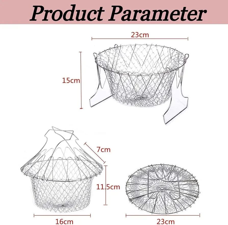 Stainless Steel Foldable Frying Basket - Collapsible Kitchen Chef Basket