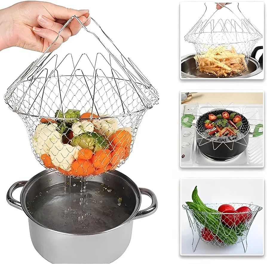 Stainless Steel Foldable Frying Basket - Collapsible Kitchen Chef Basket