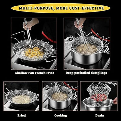 Stainless Steel Foldable Frying Basket - Collapsible Kitchen Chef Basket