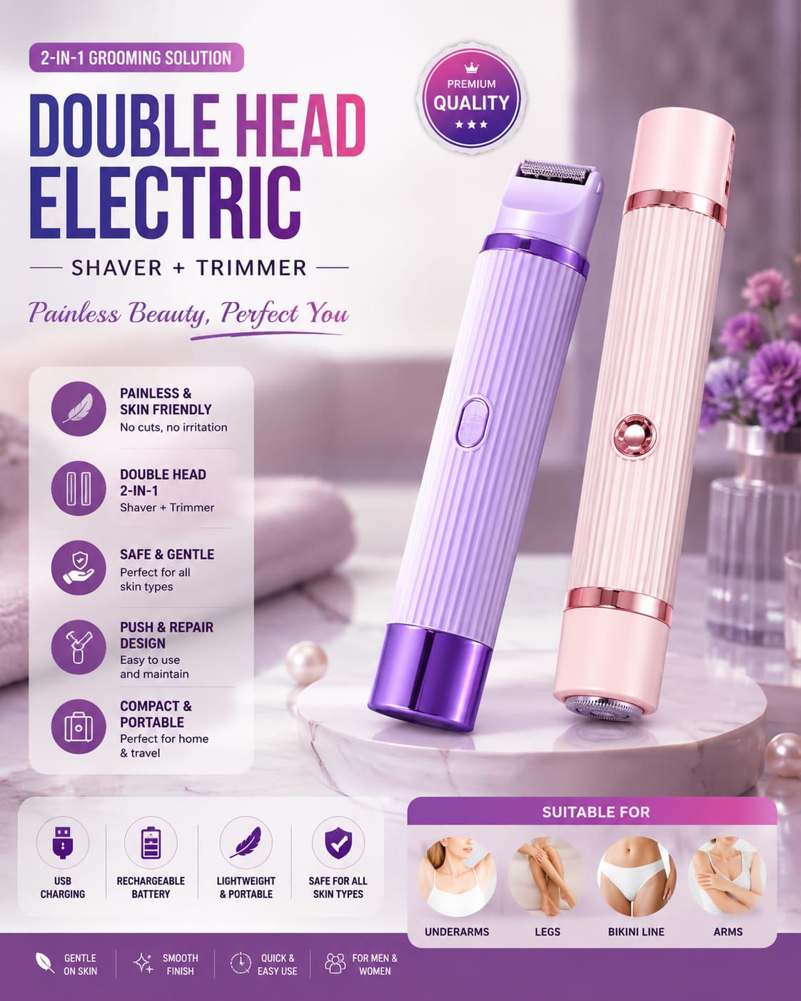 2-in-1 Dual Head Shaver & Electric Trimmer for Women - High Quality