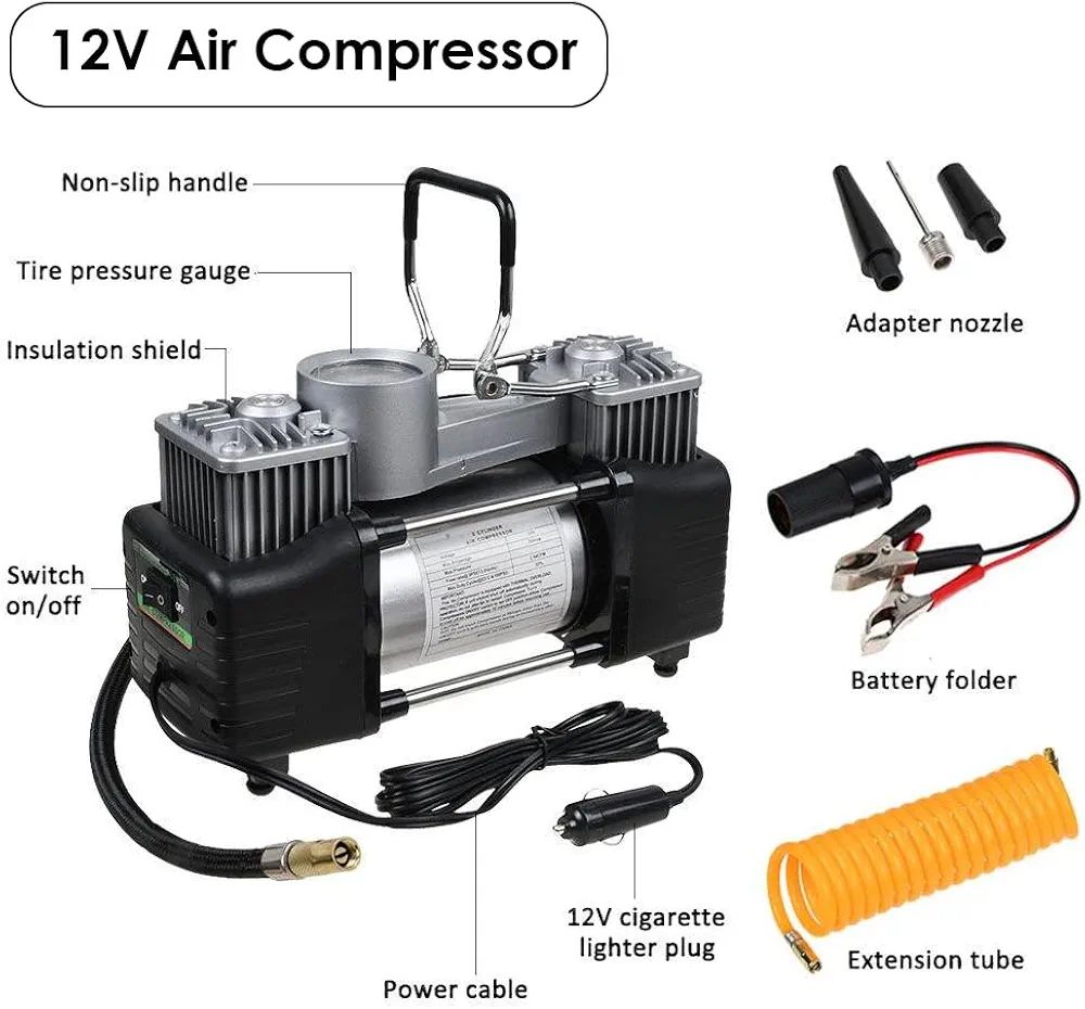 Imported Double Cylinder 12 Volt Portable Electric Car Air Pump & Repair Kit