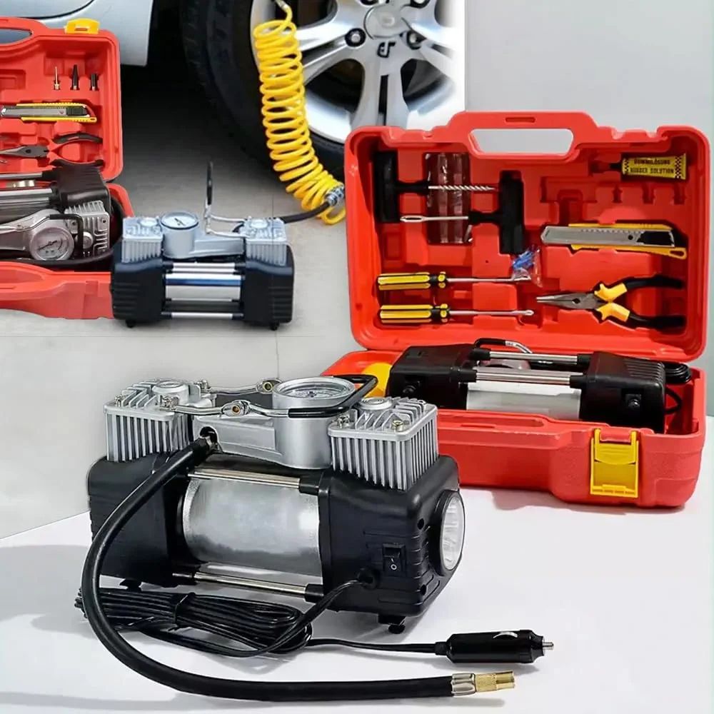 Imported Double Cylinder 12 Volt Portable Electric Car Air Pump & Repair Kit