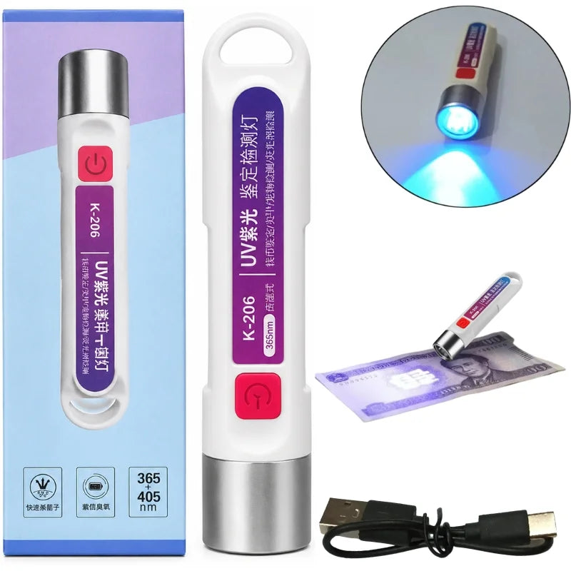 K-207 365nm UV Currency Checker Rechargeable Light Portable Lightweight UV Torch For Banknote Security Stain